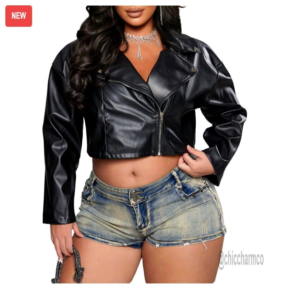 Faux Leather Bomber Jacket Plus Size Crop Motorcycle Biker Style Outerwear